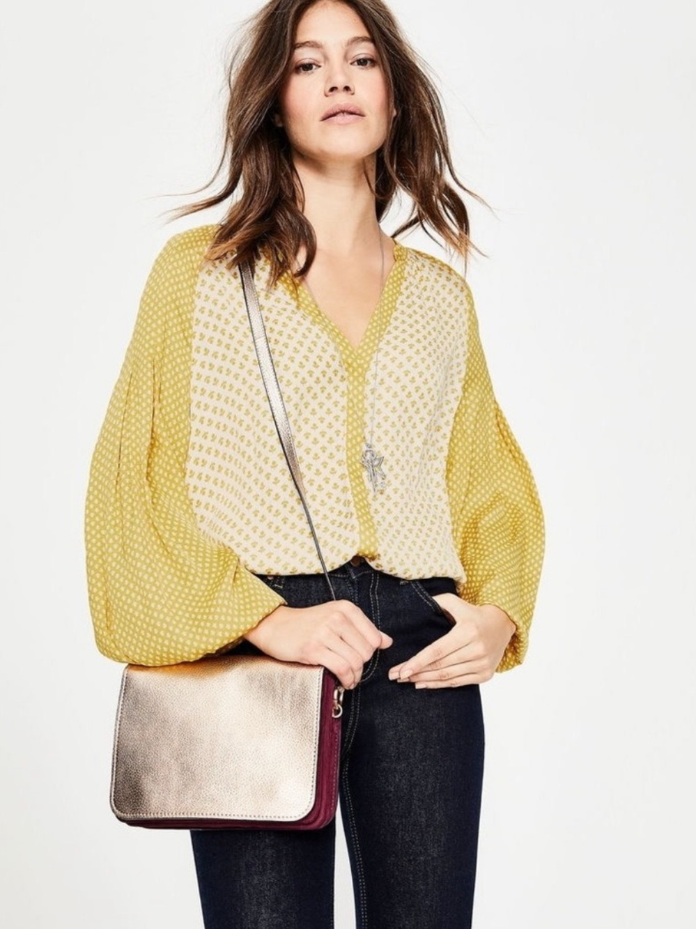 Boden Harriet Mixed Print Blouse Yellow Floral Balloon Sleeves Bohemian Flowy 14